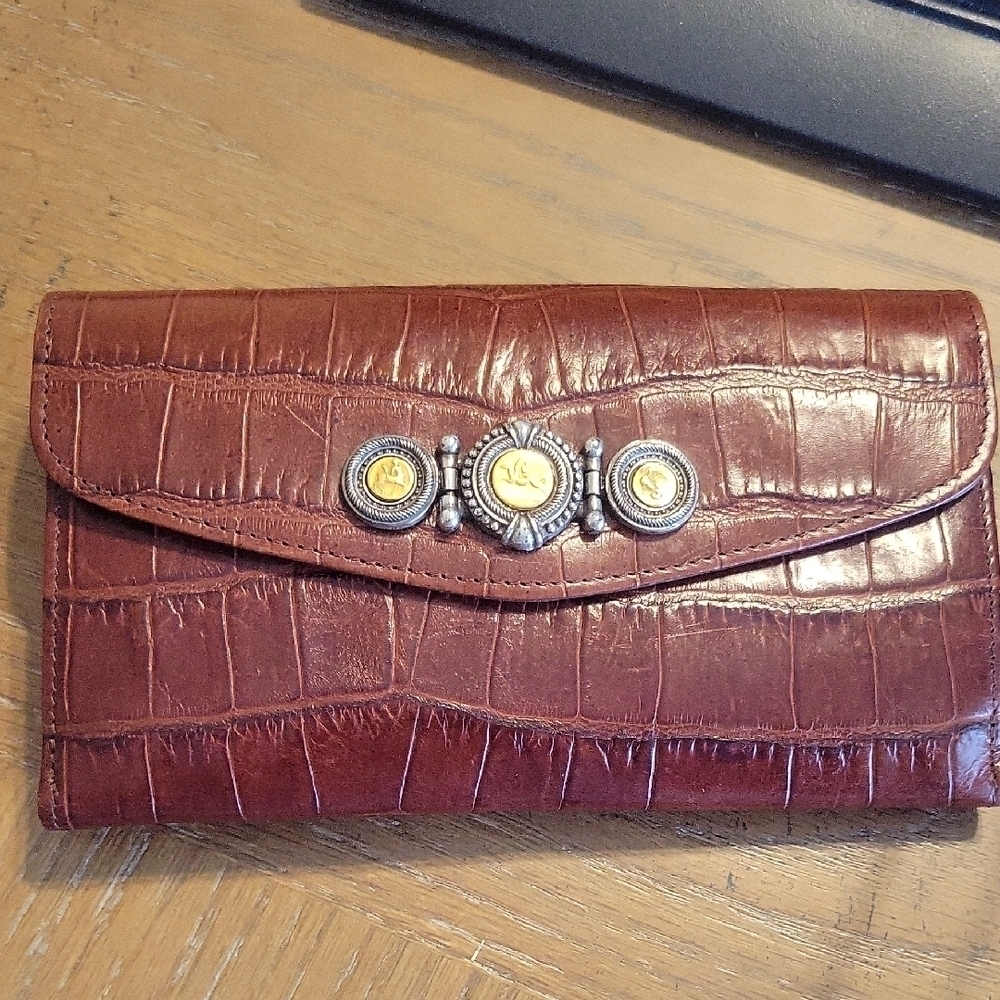 Brighton Vintage croc embossed two-sided bifold wallet gold silver hardware